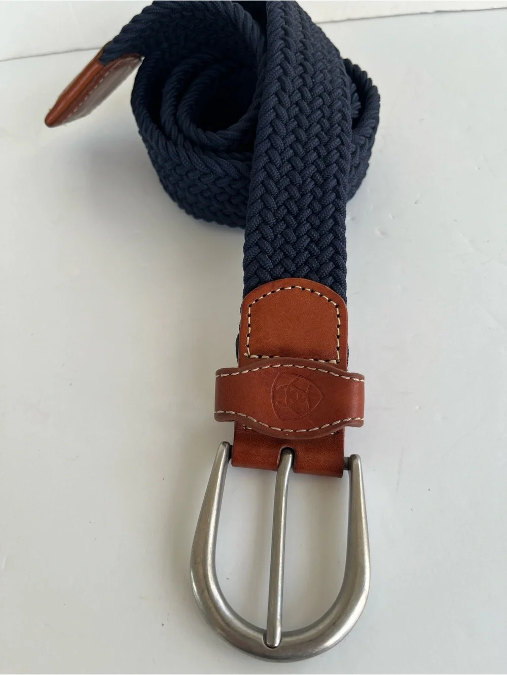 Ariat One Rail Woven Navy Belt with Brown Leather Accents Size M
